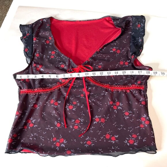Romwe Floral Print Sheer Overlay Blouse Red Lining & Tie Back Women's XL Ruffle - Picture 6 of 8
